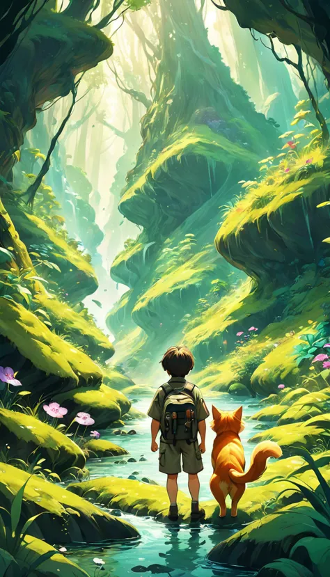 Cartoon dog and a boy wearing adventure camouflage uniforms with backpacks and binoculars standing in the deep mountain jungle, ...