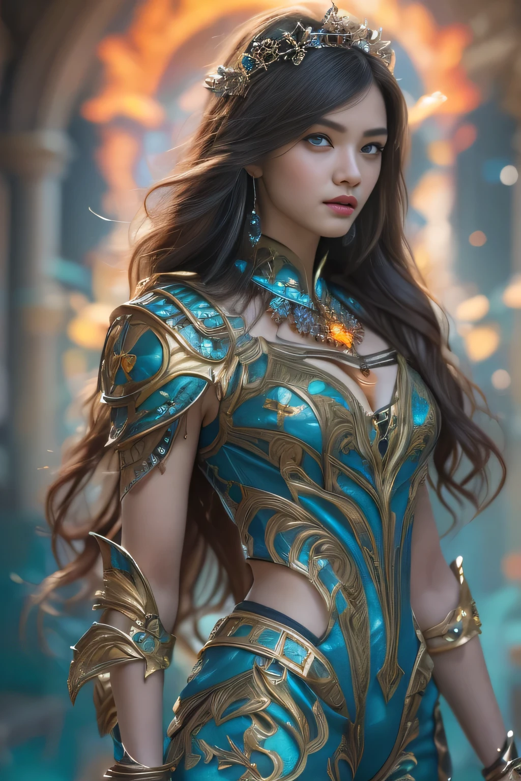 ( beautiful Italian girl: 1.6), (Detailed iridescent jumpsuit with beautiful fractal or marble design: 1.5), Amazing and spectacular scenes, ((High quality)), ((Detailed)), ((Fantasy)), Blue Plasma Brain, Green Plasma Body, Photorealistic, Official Art, Unity 8K Wall, 8K Portrait, best quality, very high resolution, (incredibly beautiful natural background: 1.6), (18 years old: 1.5), ( sexy and glamorous: 1.1), (Model pose: 1.8), Beautiful seductive face, Portrait, (Thick eyebrows: 1.4), (Big blue eyes: 1.6), Beautiful eyes with fine symmetry, (Ultra Detailed Eyes: 1.4), (Highly Detailed Face and Eyes: 1.7), (High-Resolution Blue Eyes: 1.8), Intimate Face, (Ultra Detailed Skin Texture: 1.4), Skin white, pale skin, perfect anatomy, slim, (nice, toned body: 1.5), highly detailed hair, (moist skin: 1.2), good anatomy, focused face, beautiful, (Emma watson: 0.3) Elegant face, Pleasant, (A delicately crafted necklace is wrapped around her neck......), (Bioluminescence with brilliant glow: 1.4), (Luminous magic circle: 1.5), Ruins of an ancient castle, Shining majestic masses of clouds and sky, lightning, epic realistic, (Greg Rutkowski: 0.8), (teal and orange: 0.4), (art station: 1.5), hyper detailed, dramatic light, (intricate details :1.1), Beautiful black hair,　(Wearing a gauntlet with a dense and very beautiful design decorated with jewels:1.1), , Galaxy, (nebulae:1.6), The Dark Knight, Fully armored body focus