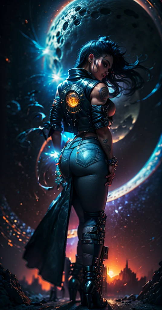 Tall Tough tattooed 40yo latina biker chick, Adult  Model Daisy Marie with two strong legs dancing swirling twirling almost collapsing on Saturn's moon Calisto, looking like a creation that could actually survive there, wearing black leather graphics jacket and long leather-like denim dress that touches the ground split in the middle for riding, magic, art, wind, wind blown, spark, lightshow, fireflies, watching the rise of the distant Sun, with Saturn fully visible in the foreground, 36k resolution Kodak professional photography, hyperdetailed, Waiting to start