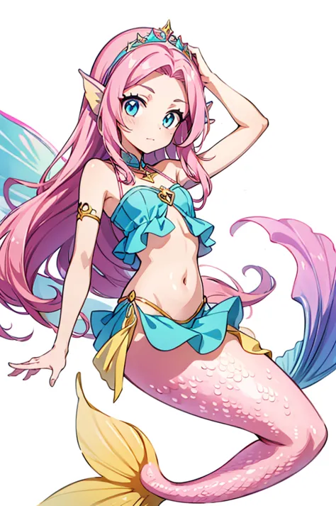 female mermaid, pink hair, mermaid tail, top, rune tattos, ear fins,