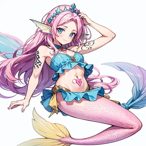 female mermaid, pink hair, mermaid tail, top, (((rune tattos))), ear fins,