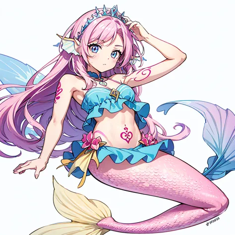 female mermaid, pink hair, mermaid tail, top, (((rune tattos))), ear fins,