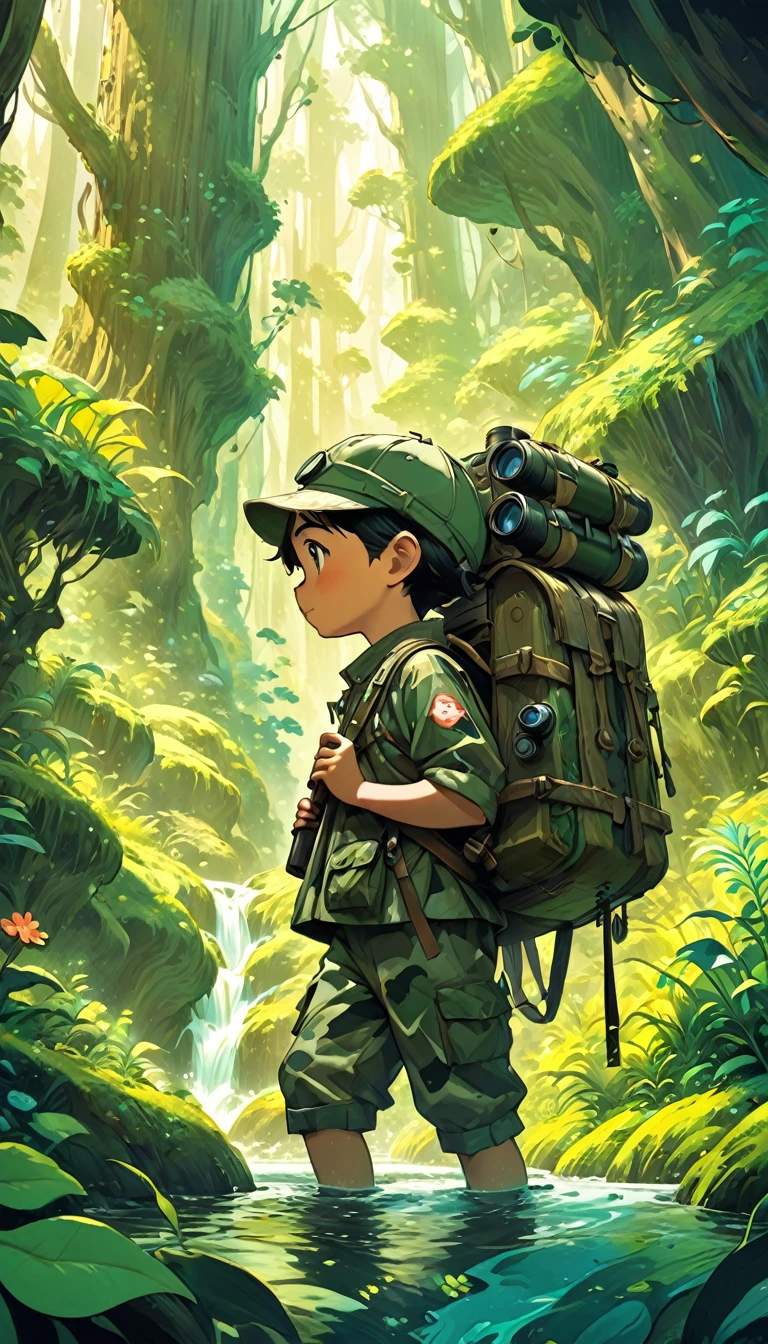 Close-up of a boy wearing expedition camouflage clothing and carrying a backpack and binoculars standing in the deep mountain jungle, Beautiful light and shadow in deep forest exploration, Strange flowers, exotic grasses, mountain streams, Ghibli art style, Studio Ghibli illustrations, studio Ghibli art style, very beautiful cute , Ghibli art style, Lovely digital painting, Ghibli inspiration, Studio Ghibli Art, 