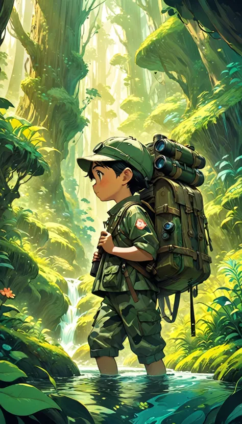 Close-up of a boy wearing expedition camouflage clothing and carrying a backpack and binoculars standing in the deep mountain ju...