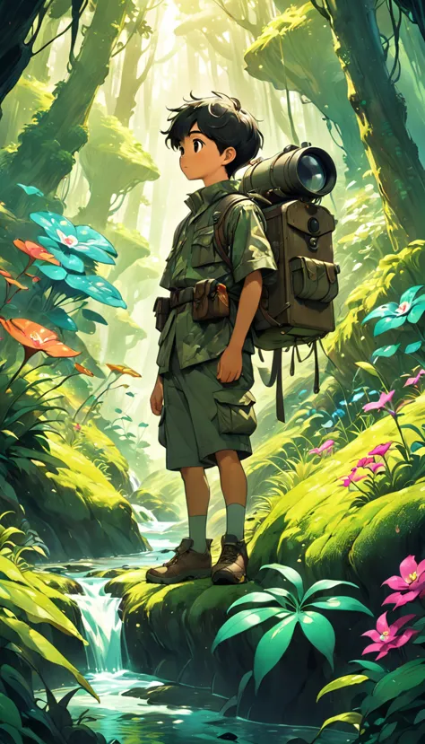 Close-up of a boy wearing expedition camouflage clothing and carrying a backpack and binoculars standing in the deep mountain ju...