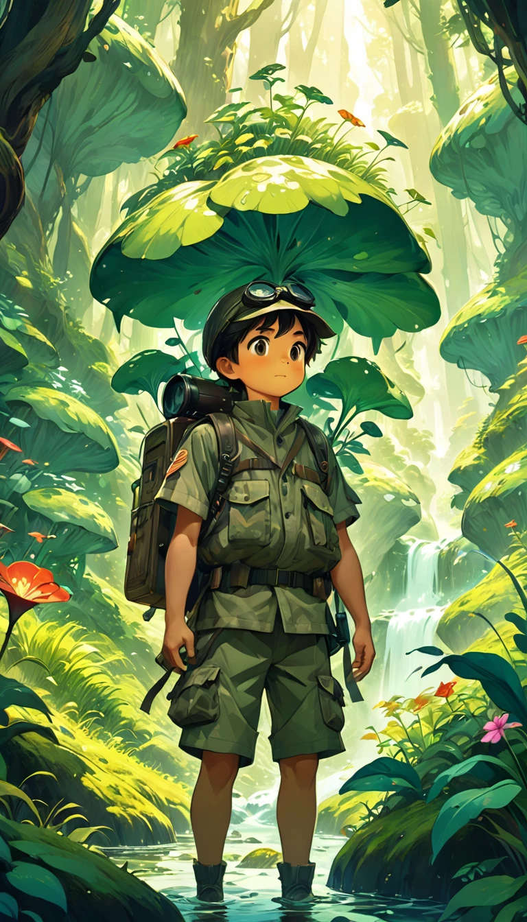 Close-up of a boy wearing expedition camouflage clothing and carrying a backpack and binoculars standing in the deep mountain jungle, Beautiful light and shadow in deep forest exploration, Strange flowers, exotic grasses, mountain streams, Ghibli art style, Studio Ghibli illustrations, studio Ghibli art style, very beautiful cute , Ghibli art style, Lovely digital painting, Ghibli inspiration, Studio Ghibli Art, 