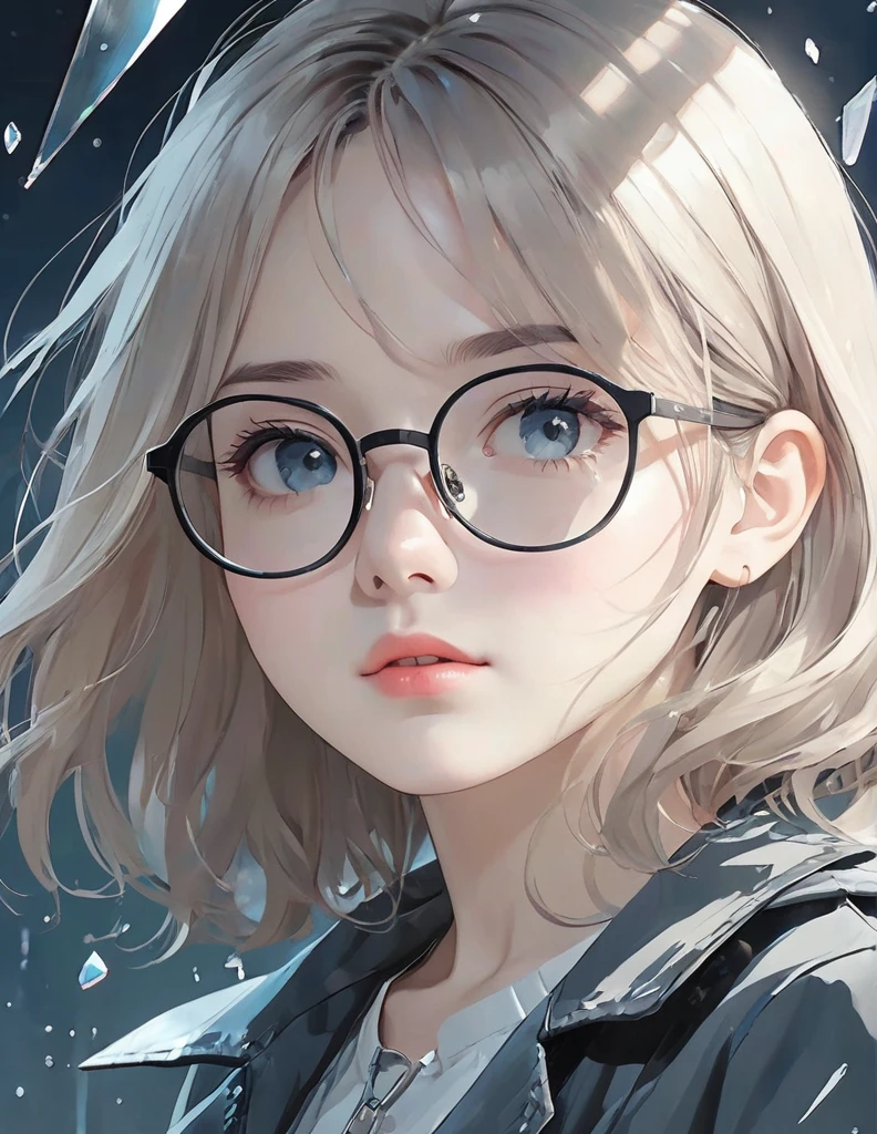 (anime style:1.4),Soft pictorial touches、超High resolution, Attention to detail, high quality, High resolution, 最high quality, 4K, 8K,posters、artwork、Works by famous artists、Stylish and cool piece、Girl reflected in broken glass、Picture from the front、face、Put your right hand on your cheek、Sad expression、Semi-long hair、Cute Girls、bionde、Wearing glasses