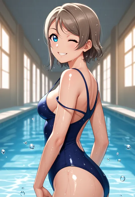 (Masterpiece), 8k wallpaper, solo, Watanabe you, standing, facing viewer,school hallway, sideboob,one-piece swimsuit,low cut at ...
