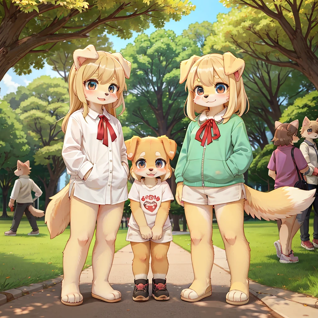 Un grupo de dog, golden retriever, cute, female, park, cute, around the viewer, kemono, standing