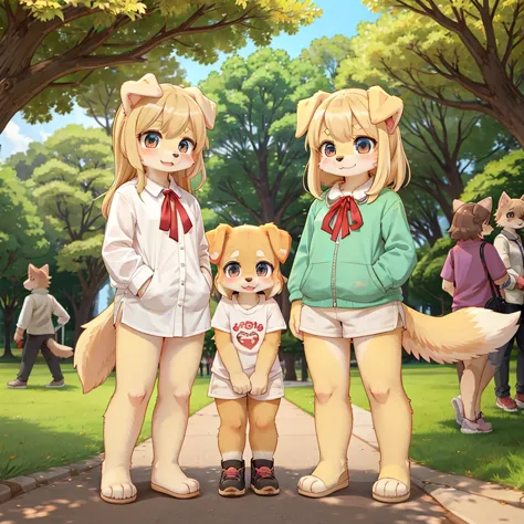 un grupo de dog, golden retriever, cute, female, park, cute, around the viewer, kemono, standing