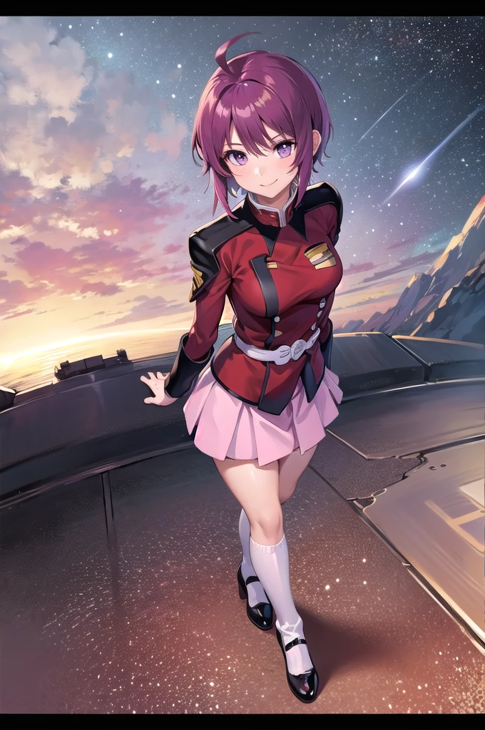 masterpiece,Highest quality,One girl,Mature Woman,Lunamaria Hawke,short hair,Ahoge,Redhead,Purple eyes,Purple Hair,Pink Skirt,uniform,Black knee socks,Long sleeve,smile,Are standing,Put your arms behind your back,I had already finished,Inside the Universe,sf,universe,From above,Dutch Angle,