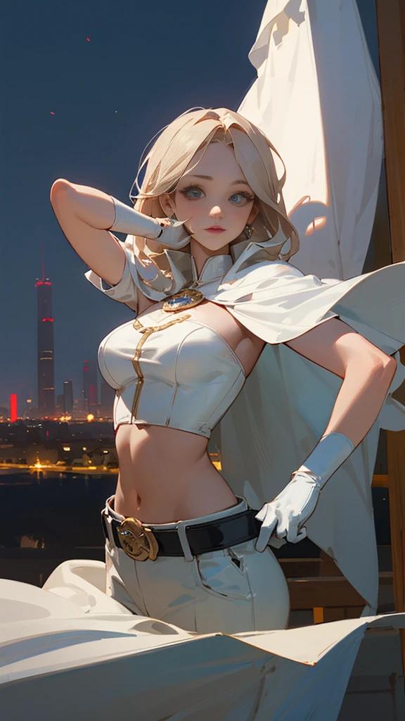 (Highly quality, masterpiece, detailed), night city detailed scenario, night city detailed background, solo, 1 woman, white opera gloves, white leather bodice, midriff, white cape, belt, beautiful eyes, look at the viewer, Sexy pose