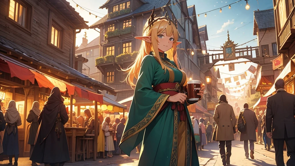 Anime style illustration of a fantastic bustling medieval street during a festival. Intricate vertical architecture with wood and stone buildings, pointed arches and towers rising into a bright blue sky. Narrow streets filled with people in fancy clothes. Garlands of lights and colored pennants cross the street. Spotlight, a young smiling elf woman with long blonde hair and pointed ears, wearing a traditional costume and holding a mug of beer. Warm, golden sunset lighting creates a cozy and festive atmosphere. Detailed and vibrant animation style, reminiscent of the works of Studio Ghibli mixed with elements of role-playing games. Rich, saturated colors, especially in warm tones: golden, brown, green and blue. Meticulous attention to background details and textures. The general atmosphere is happy and magical, capturing the essence of a fantasy world in full celebration