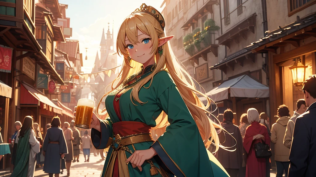 Anime style illustration of a fantastic bustling medieval street during a festival. Intricate vertical architecture with wood and stone buildings, pointed arches and towers rising into a bright blue sky. Narrow streets filled with people in fancy clothes. Garlands of lights and colored pennants cross the street. Spotlight, a young smiling elf woman with long blonde hair and pointed ears, wearing a traditional costume and holding a mug of beer. Warm, golden sunset lighting creates a cozy and festive atmosphere. Detailed and vibrant animation style, reminiscent of the works of Studio Ghibli mixed with elements of role-playing games. Rich, saturated colors, especially in warm tones: golden, brown, green and blue. Meticulous attention to background details and textures. The general atmosphere is happy and magical, capturing the essence of a fantasy world in full celebration