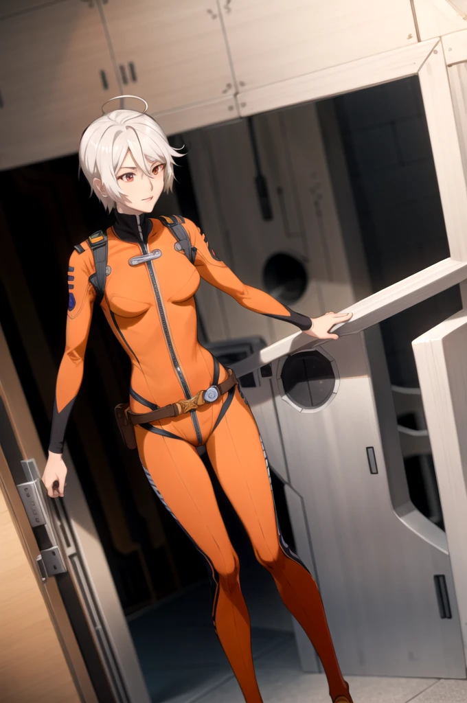 Highest quality, masterpiece, detailed,
Akira Yamamoto,
Mouth closed, A light smile,
Grey Hair, short hair, Red eyes, Ahoge,
Akira Bodysuit, Orange Suit, belt,
Are standing, Looking at the audience,
indoor, sf, cockpit