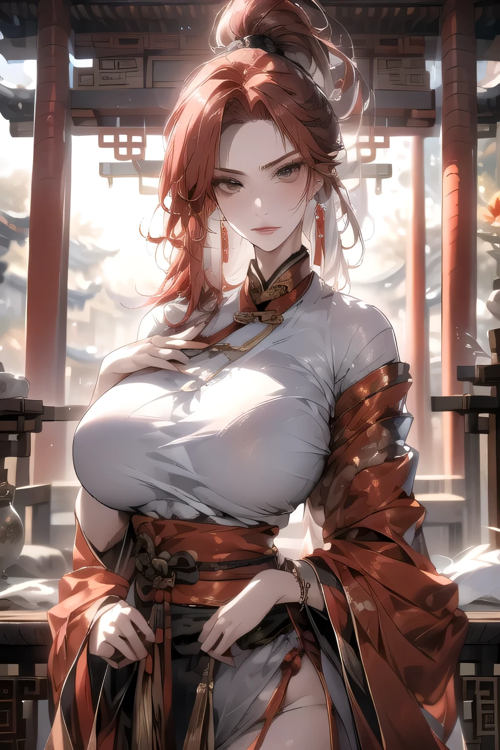 ((best quality)), ((masterpiece)), (detail:1.d, , Red hair, High Ponytail, Very large breasts, Jewelry, Red_Hanfu, Chinese Fairy, Taoist costumes, Large clothing, earrings, Shy, In the shrine, best quality,RAW 8k Photo, Realistically, (light, Moody, Textile Shading),