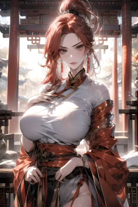 ((best quality)), ((masterpiece)), (detail:1.d, , red hair, high ponytail, very large breasts, jewelry, red_hanfu, chinese fairy...