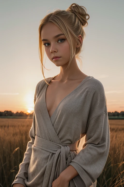 Cute blonde girl, 13 years old, skinny, makeup, pretty face, flat chest, high bun, fine hair, sunset over a field in the background, golden hour, grey patterned blanket wrap around body, expressionless,