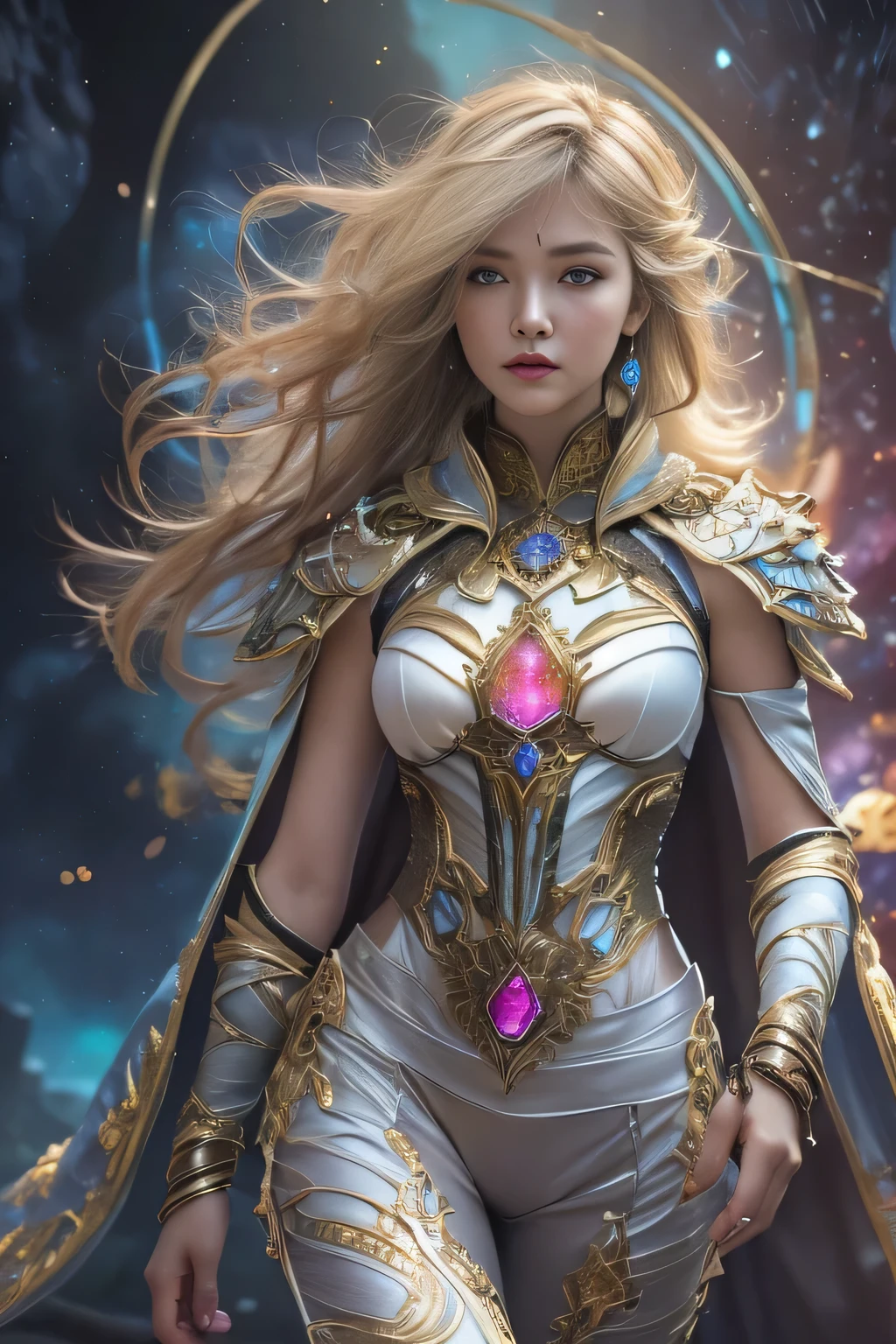 ( beautiful blonde girl: 1.6), (Iridescent hues de pink jumpsuit, intricate and detailed with beautiful gold fractal design: 1.5), Incredible and spectacular scenes, ((High quality)), ((Detailed)), ( (Fantasy)), Blue Plasma Brain, Green Plasma Body, Photorealistic, Official Art, Unity 8K Wall, 8K Portrait, best quality, very high resolution, (incredibly beautiful natural background: 1.6), (18 years old: 1 ,5), (Sexy and Glamorous: 1.1), (Model Posing: 1.8), Beautiful Seductive Face, Portrait, (Thick Eyebrows: 1.4), (Big Green Eyes: 1.6), Beautiful eyes with fine symmetry, (Ultra detailed eyes: 1.4), (Highly detailed face and eyes: 1.7), (High resolution green eyes: 1.8), intimate face, (Ultra detailed skin texture: 1 ,4), white skin, pale skin, perfect anatomy, slim, (nice, toned body: 1.5) , highly detailed hair, (moist skin: 1.2), good anatomy, focused face, handsome, full mouth ( Emma watson: 0.3) Elegant face, Pleasant, (A delicately crafted necklace is wrapped around her neck......), (Bioluminescence with brilliant glow: 1.4), (Luminous magic circle: 1.5) , Ruins of an ancient castle, Shining majestic masses of clouds and sky, lightning, epic realistic, (Greg Rutkowski: 0.8), (teal and orange: 0.4), (art station: 1.5) , hyper detailed, dramatic light, (intricate details:1.1), Beautiful blonde hair,　(Wearing a gauntlet with a dense and very beautiful design decorated with jewels:1.1), , Galaxy, (nebulae:1.6), The Dark Knight, Fully armored body focus