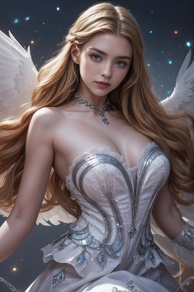 une belle jeune femme, Plus gros , Odette de Mobile Legends, danseuse de ballet élégante, longue robe blanche fluide, poses gracieuses, yeux bleus enchanteurs, traits délicats du visage, Cheveux argentés flottants, expression sereine, ailes cristallines brillantes, ambiance éthérée et magique, fond fantastique complexe, lumières chatoyantes, couleurs pastel douces, Éclairage cinématographique, très détaillé, Photoréaliste, 8k, chef-d&#39;œuvre