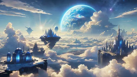 there is a picture of a future city in the sky, city above the clouds, cities in the sky, land in the clouds, sci-fi fantasy wal...