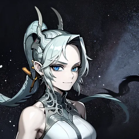 1woman, alien, pastel blue skin, thin eyes shape, black eyes, long hair, black hair color, space clothing, lizard tail, smug smi...