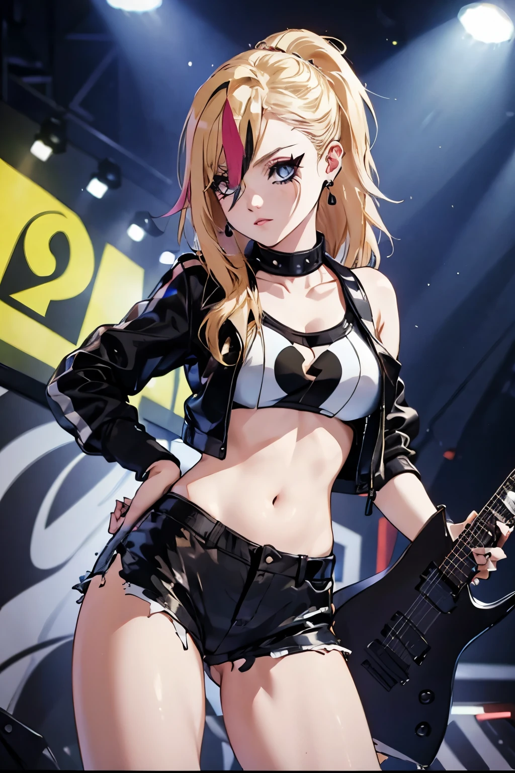 realistic:1.2, Rocker girl wearing a leather jacket,slim body shape、Normal bust size,  full body shot, １two electric guitars, clothes with spikes,white tank top、Navel exposed、low rise leather shorts,tattoo,earrings dark lipstick, blue eyes,blonde twintail hair,black ribbon, beautiful and perfect legs, confident look, punk style ,dynamic pose, dynamic lighting, brightly colored stage,colorful stage lights, ant alexa 65, 50MM lens