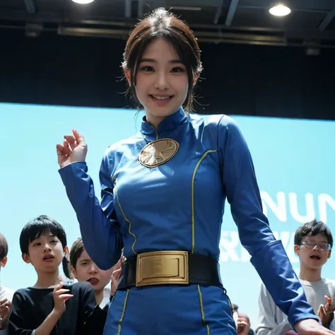 anger, (cute face, hurricane blue outfit, without helmet, ninpuu sentai hurricanger, belt, blue spandex tight costume, highest q...