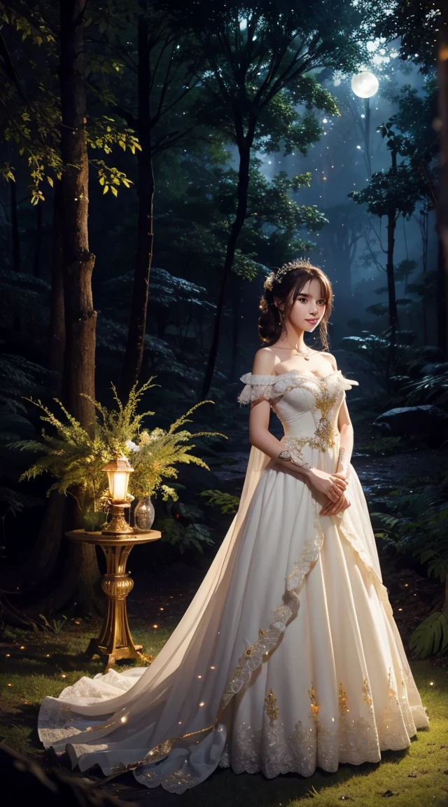 One girl, ,,Smile more, High-resolution images, woman, Her hair was decorated with glowing fireflies, Captivatingly shining eyes. Wearing a gown woven with moonlight, She is a tree々Standing in a vibrant and mysterious forest. scene, Surrounded by the fantastic light of fireflies, captured in the style of a magical forest arツーork., (masterpiece, Highest quality, Official Art,Intricate details:1.2)