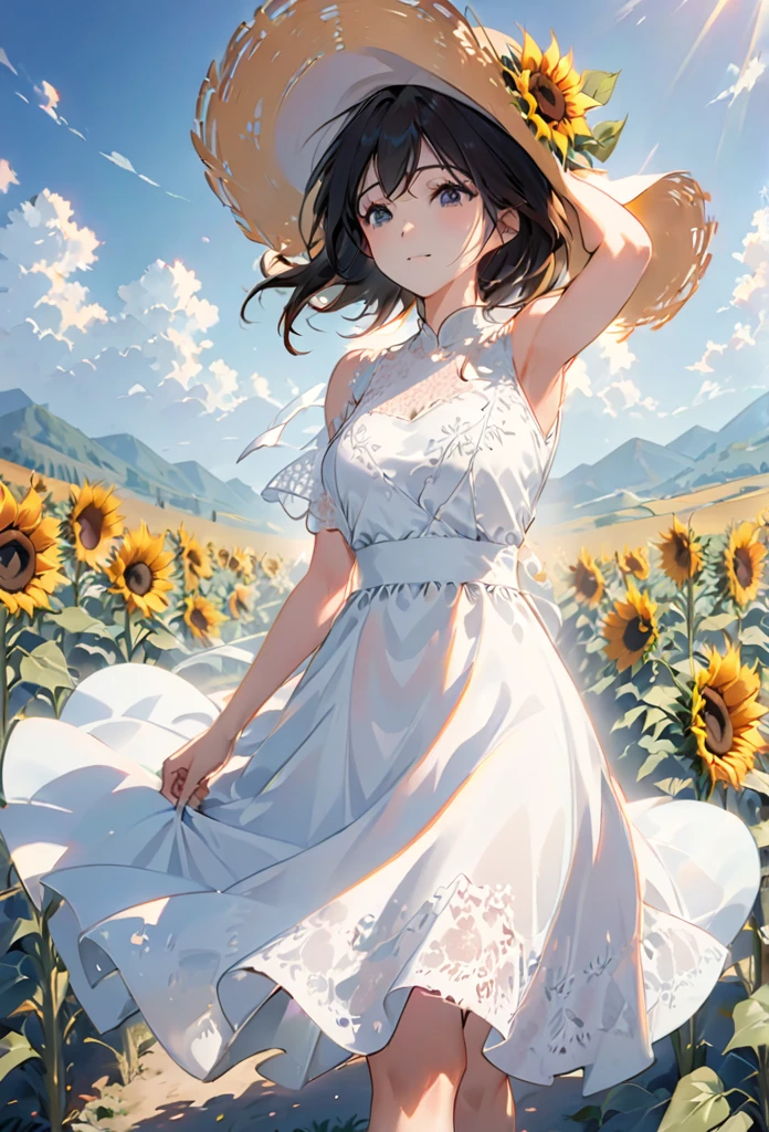 send,1 Girl,Solitary, (White lace dress:1.2),floating dress (Sun hat:1.2), Sunflower fields, under the sun, A faint smile,looking at the audience, wind, Dynamic, Strong light and shadow,Dynamic pose,