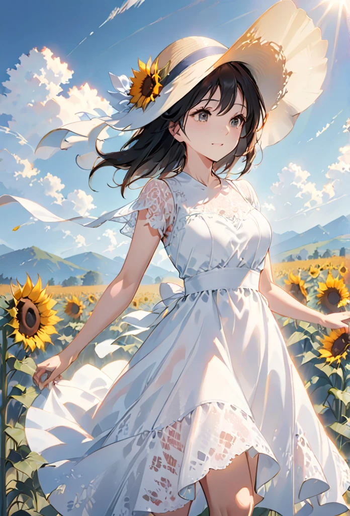 send,1 Girl,Solitary, (White lace dress:1.2),floating dress (Sun hat:1.2), Sunflower fields, under the sun, A faint smile,looking at the audience, wind, Dynamic, Strong light and shadow,Dynamic pose,