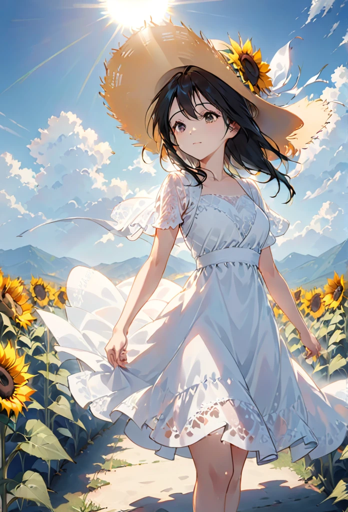 send,1 Girl,Solitary, (White lace dress:1.2),floating dress (Sun hat:1.2), Sunflower fields, under the sun, A faint smile,looking at the audience, wind, Dynamic, Strong light and shadow,Dynamic pose,