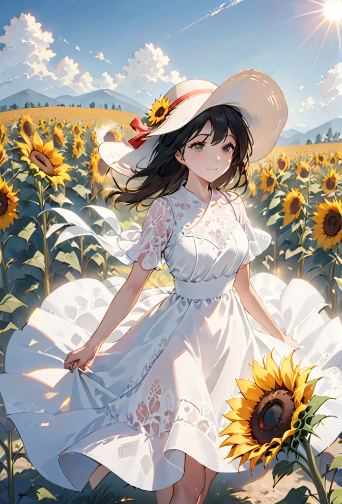 send,1 Girl,Solitary, (White lace dress:1.2),floating dress (Sun hat:1.2), Sunflower fields, under the sun, A faint smile,looking at the audience, wind, Dynamic, Strong light and shadow,Dynamic pose,