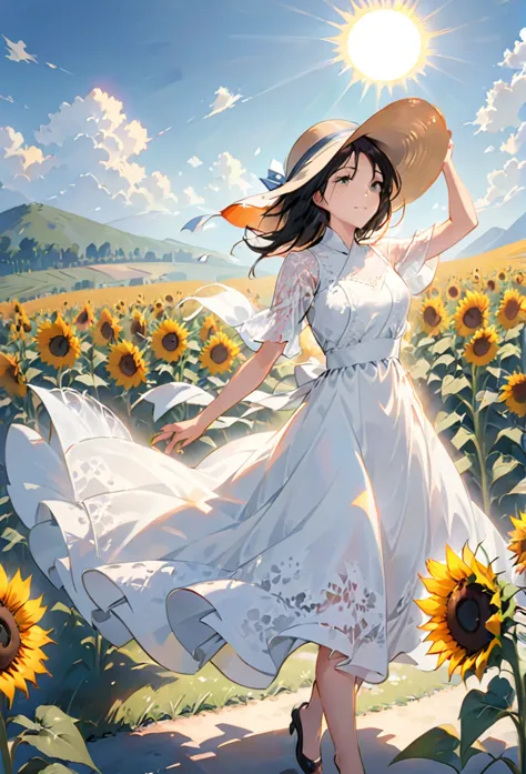 send,1 Girl,Solitary, (White lace dress:1.2),floating dress (Sun hat:1.2), Sunflower fields, under the sun, A faint smile,lookin...