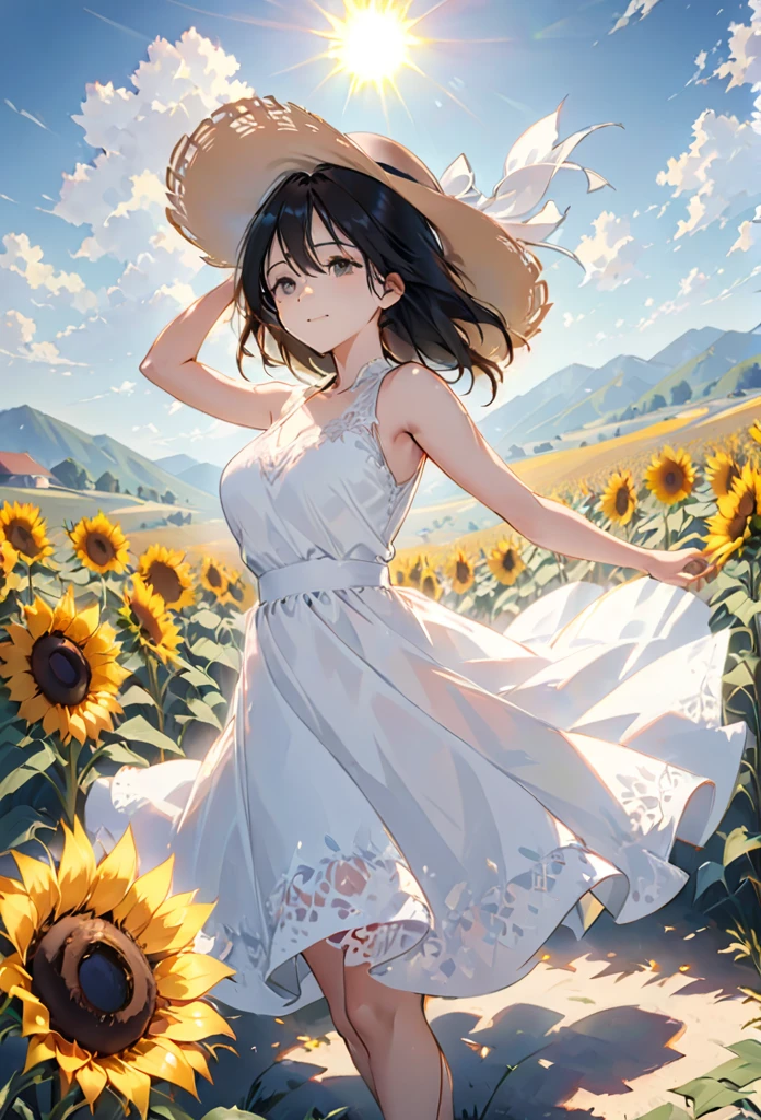 send,1 Girl,Solitary, (White lace dress:1.2),floating dress (Sun hat:1.2), Sunflower fields, under the sun, A faint smile,looking at the audience, wind, Dynamic, Strong light and shadow,Dynamic pose,