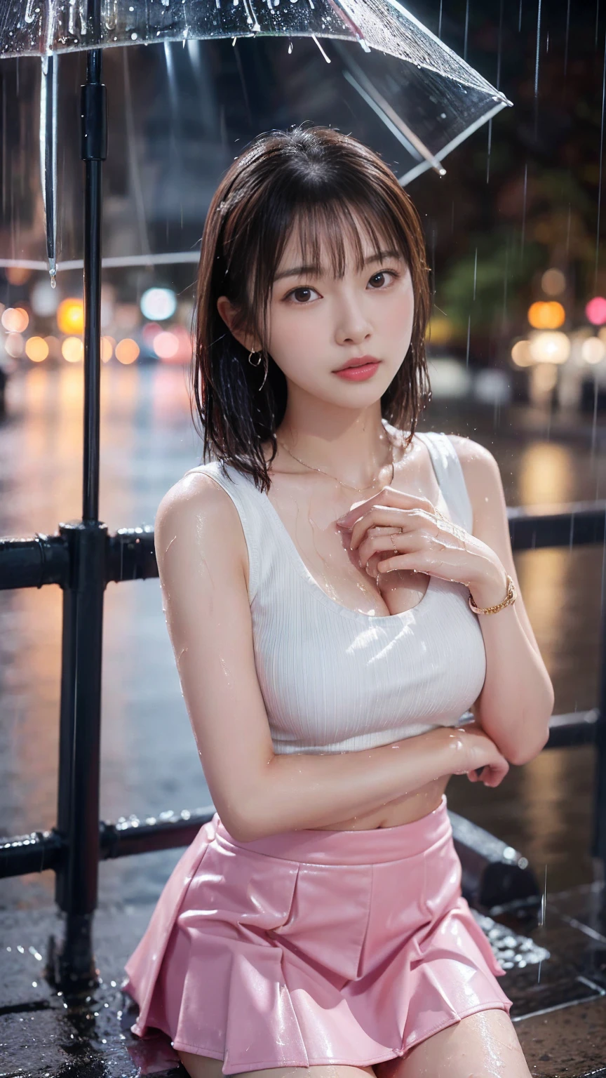 (Realistic:1.5, 16K, Highest quality, masterpiece, Ultra-high resolution), ((Typhoon heavy rain, From below)), Perfect dynamic composition:1.2, (Modern city at night, Expressions of sadness:0.9, Sit on the stairs:1.0), Highly detailed skin and facial textures:1.2, Young Japanese woman getting wet in the rain:1.3, Incredibly slim body:1.2, Fair skin:1.2, Sexy beauty:1.1, beautifully、aesthetic:1.1, Very beautiful face:1.2, Water droplets on the skin, (Rain drips down on my body:1.2, Wet body:1.2, Wet Hair:1.3), (Wet pink tight skirt:1.2, Wearing wet casual clothes:1.3), (Shapely large breasts, Chest gap), (Big eyes that exude beautiful eroticism:0.8, Lips that exude beautiful eroticism:0.8), necklace, Earrings, bracelet, wedding ring, Shoulder bag, clock, Cowboy Shot