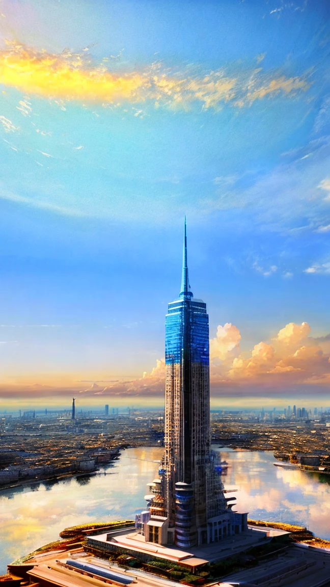 de la máxima calidad, obra maestra, Realista, (Alta resoluciónの CGI アートワーク 8k), Crear un punto de referencia para la Ciudad Celestial, El tema es como el aire., Colores marfil reflectante y azul claro, Alta resolución, 3D-rendered obra maestra, arte digital