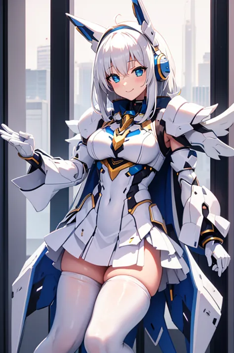 mecha wings、white and yellow skirt、accentuated thighs、white tights、chest、beautiful white hair、1 girl、solo girl、thick thighs、is、f...