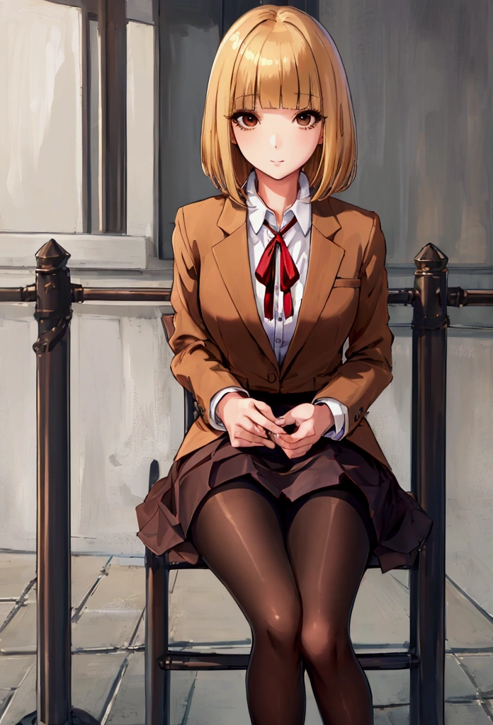 super fine illusion, (masterpiece,Highest quality, detailed), One girl, alone, Link fence, From below, eyelash, Sit at the table, midorikawa hana, Brown jacket, Neck ribbon, Collared shirt, , Checked skirt, Opaque pantyhose, loafers