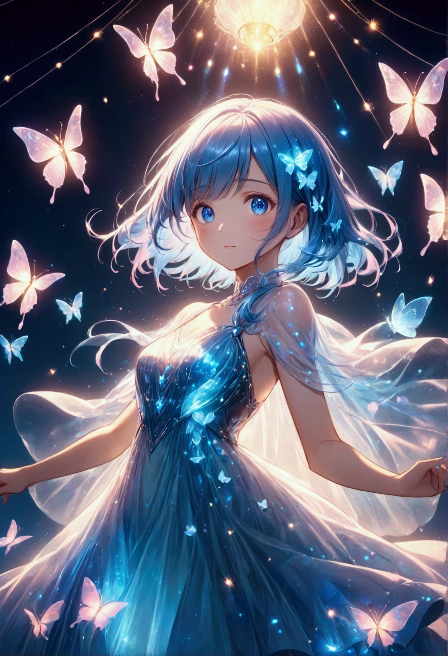 Erstellen Sie eine digitale Illustration im Anime-Stil mit einer jungen Frau mit kurzen, pastellblaue Haare und auffallend blaue Augen. Sie sollte ein weißes tragen, fließendes Kleid, das im reflektierenden Licht schimmert. Der Hintergrund sollte ätherisch sein, mit zarten Rosa- und Blautönen, verleiht eine traumhafte Atmosphäre. Integrieren Sie Elemente wie zart leuchtende Schmetterlinge und funkelnde Lichteffekte, um das magische Gefühl der Szene zu verstärken. Stellen Sie sicher, dass die Beleuchtung die Merkmale des Charakters hervorhebt, ein sanftes Leuchten um sie herum erzeugt eine heitere und bezaubernde Stimmung.Biolumineszierendes Kleid