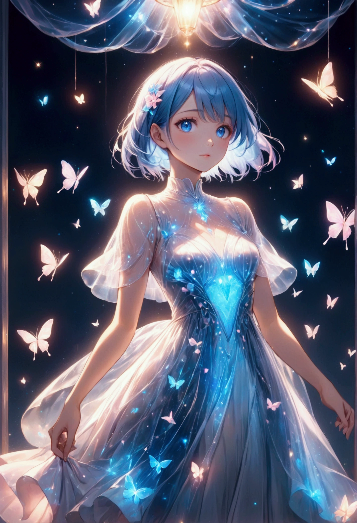 Create an anime-style digital illustration featuring a young woman with short, pastel blue hair and striking blue eyes. She should be wearing a white, flowy dress that shimmers with reflective light. The background should be ethereal, with soft pink and blue hues, giving a dreamlike atmosphere. Include elements like delicate glowing butterflies and sparkling light effects to enhance the magical feel of the scene. Ensure the lighting highlights the character's features, adding a soft glow around her to create a serene and enchanting mood.bioluminescent dress