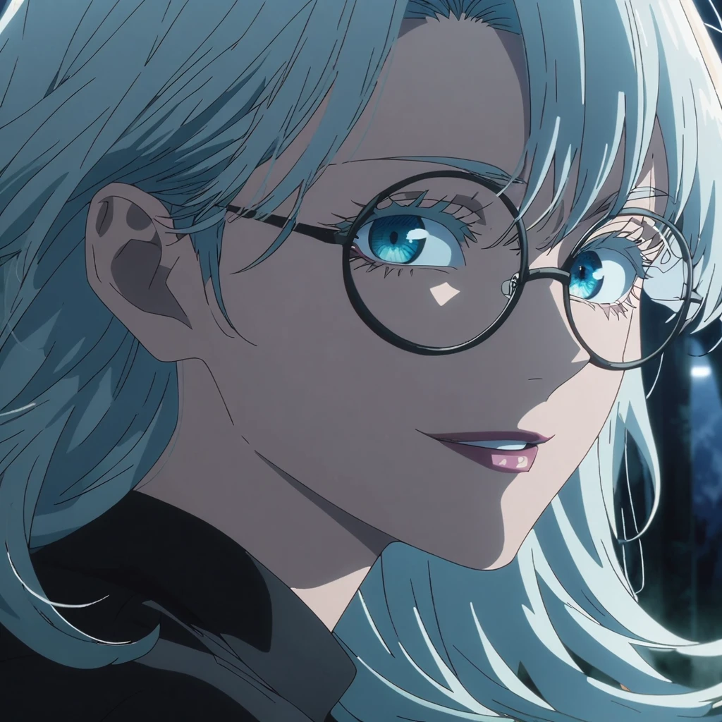 1girl, female gojo satoru, anime screencap from jujutsu kaisen, gojo satoru female version, solo, long_hair, round_eyewear, glasses, blue_eyes, white eyelashes, parted_lips, smiling, looking_at_viewer, side view, white_hair, bangs, eyelashes, face portrait, black_shirt, shirt, hair_between_eyes, floating hair, (curly hair) ((moonlight on the character))