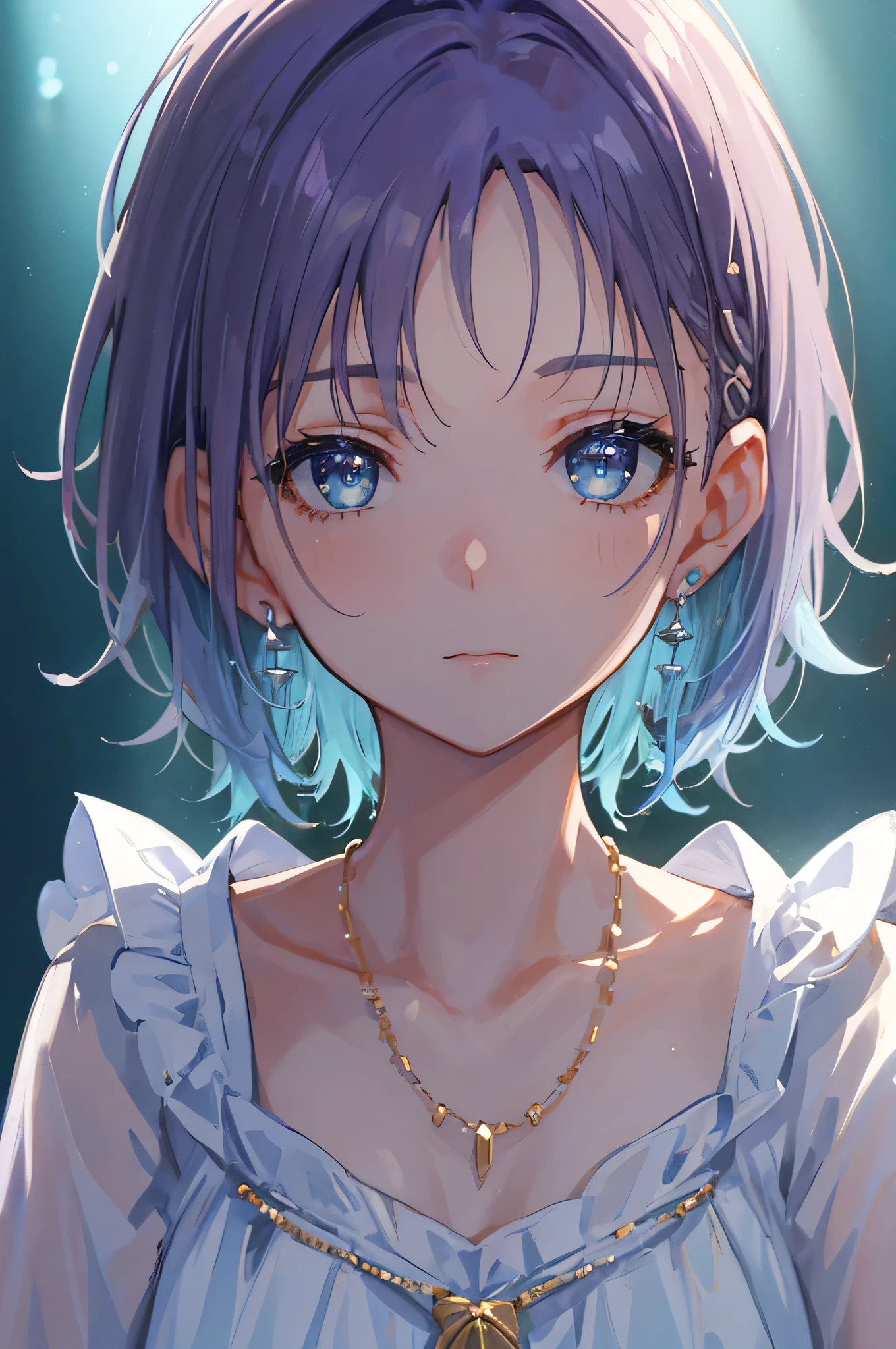 masterpiece, Highest quality, Awareness-raising, Sax Blue, プラチナEarrings, Platinum Necklace, White Dress, One girl, cute, (Dynamic Lighting:1.2), Cinematic lighting, Delicate facial features, Detailed eyes, Sharp pupils, Realistic students, Depth of written boundary, ボケ Depth of written boundary, Sharp focus, (Ultra-detailed, bloom, Shine:1.4), Lots of little gems, (((short_hair))),　Toru Asakura、blue hairs、Earrings、gradation hair、multi color hair、分けた前hair、Purple hair、Upper body、Extremely close-up footage、