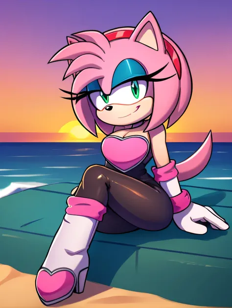 score_9, score_8_up, 2D, flat color, looking at viewer, (1girl), (solo), very detailed, extremely detailed, Amy Rose from the sonic the hedgehog series, portrait, seductive smile, hair down, hair bangs, medium breast, Rouge cosplay, cosplay, she wears a black skin-tight and strapless low-cut jumpsuit, a pink heart-shaped chest plate outlined with thin white trim, elbow-length white gloves and thigh-high high-heeled boots with pink cuffs to match them, with the latter featuring both gray soles and heels, matching her jumpsuit's chest plate, she is sitting  on a lounge chair on the beach with the ocean waves, with her legs spread out, in a nice sunset, close up, wingless