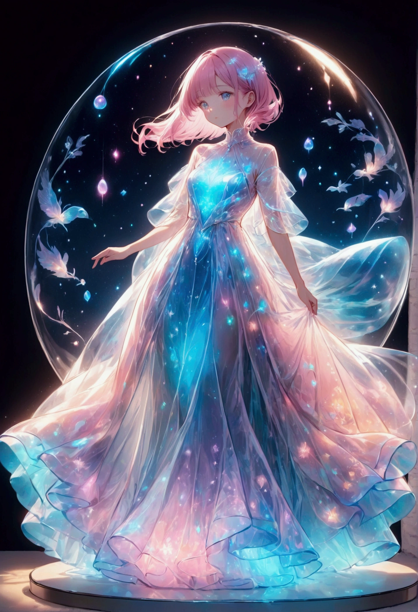 menina cor pastel,Desenhe o contorno em branco,Cores suaves,Vestido de vinil translúcido,bioluminescent dress,fantasia,sonhar