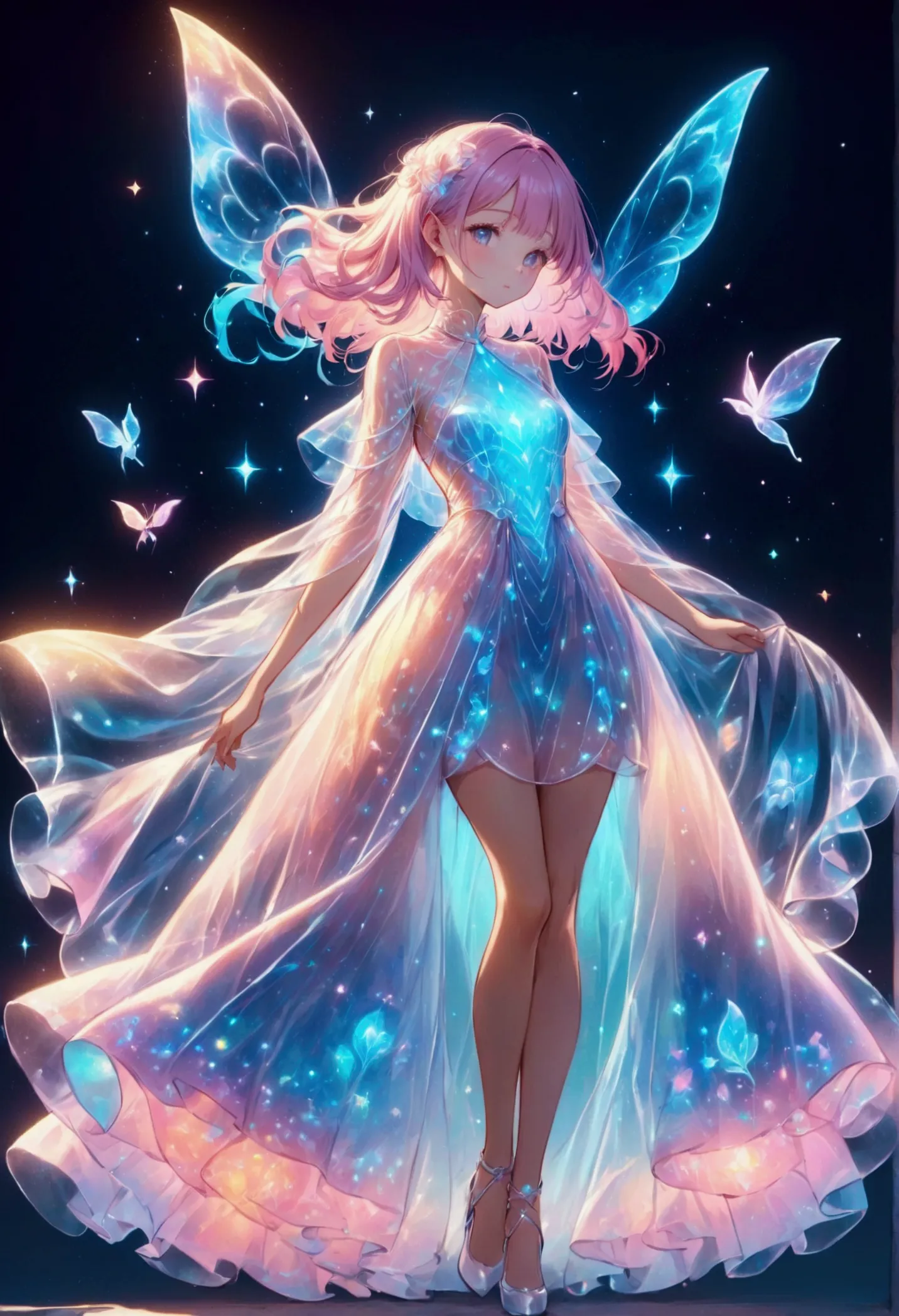 Pastel colored girl,Draw the outline in white,Gentle colors,Translucent vinyl dress,bioluminescent dress,Fantasy,dream