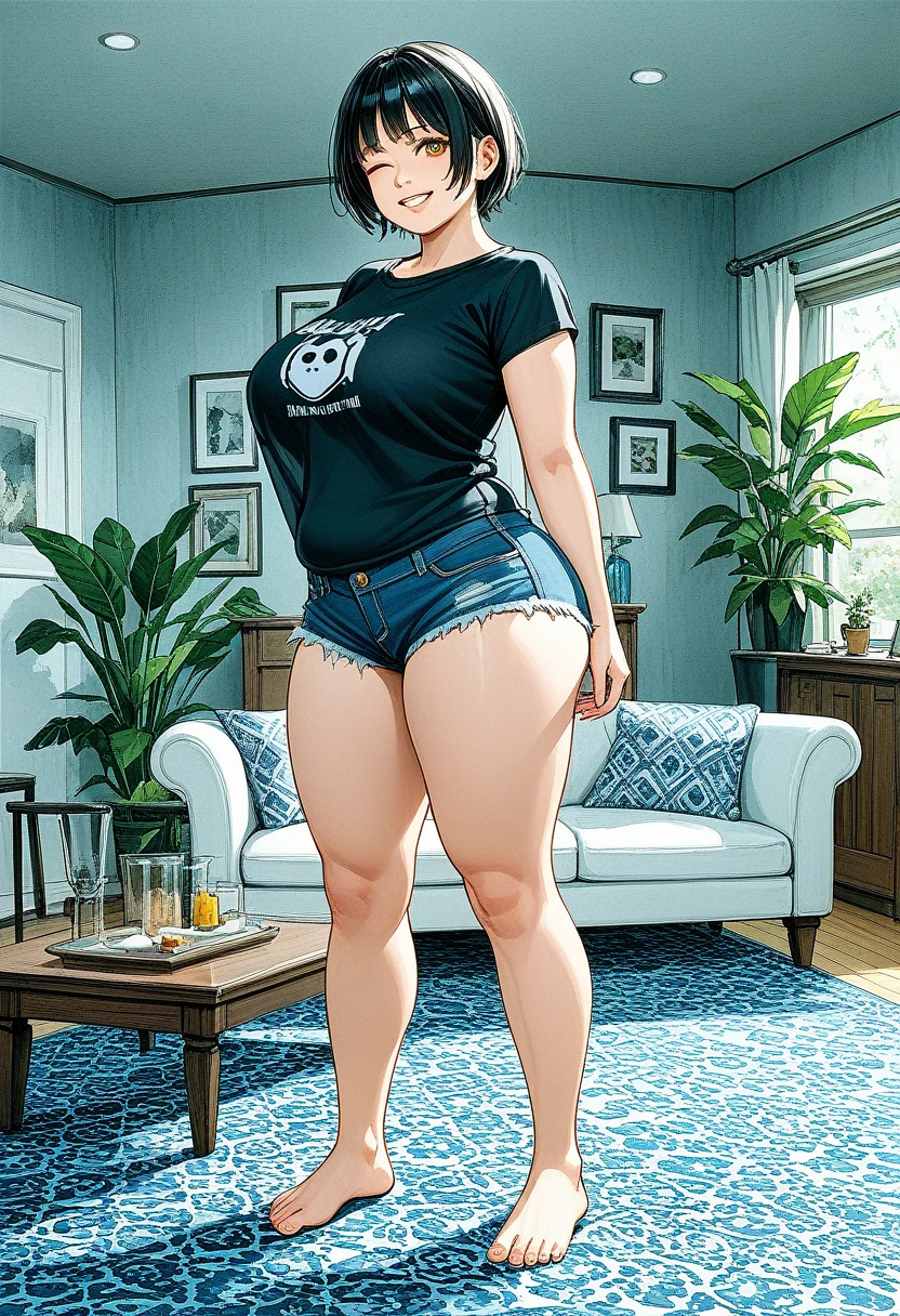 rustic, chubby, teen girl, black short shaggy hairstyle, emo bangs, amber eyes, wink, big saggy breasts, big ass, black rocker shirt, denim shorts, barefoot, sassy smile, sexy pose, in the living room, ecchi anime, Satuyo style, cinematic, dramatic, masterpiece, dynamic view, full body,