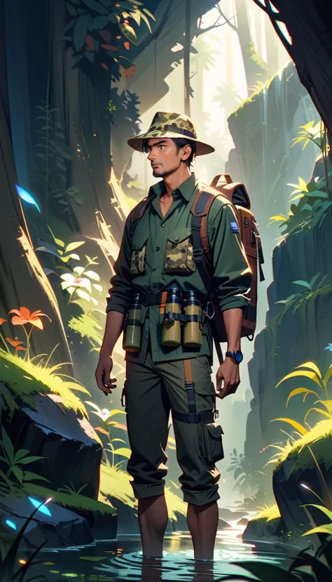 a man wearing safari camouflage、close-up of man standing in deep mountain jungle with backpack and binoculars, beautiful light a...