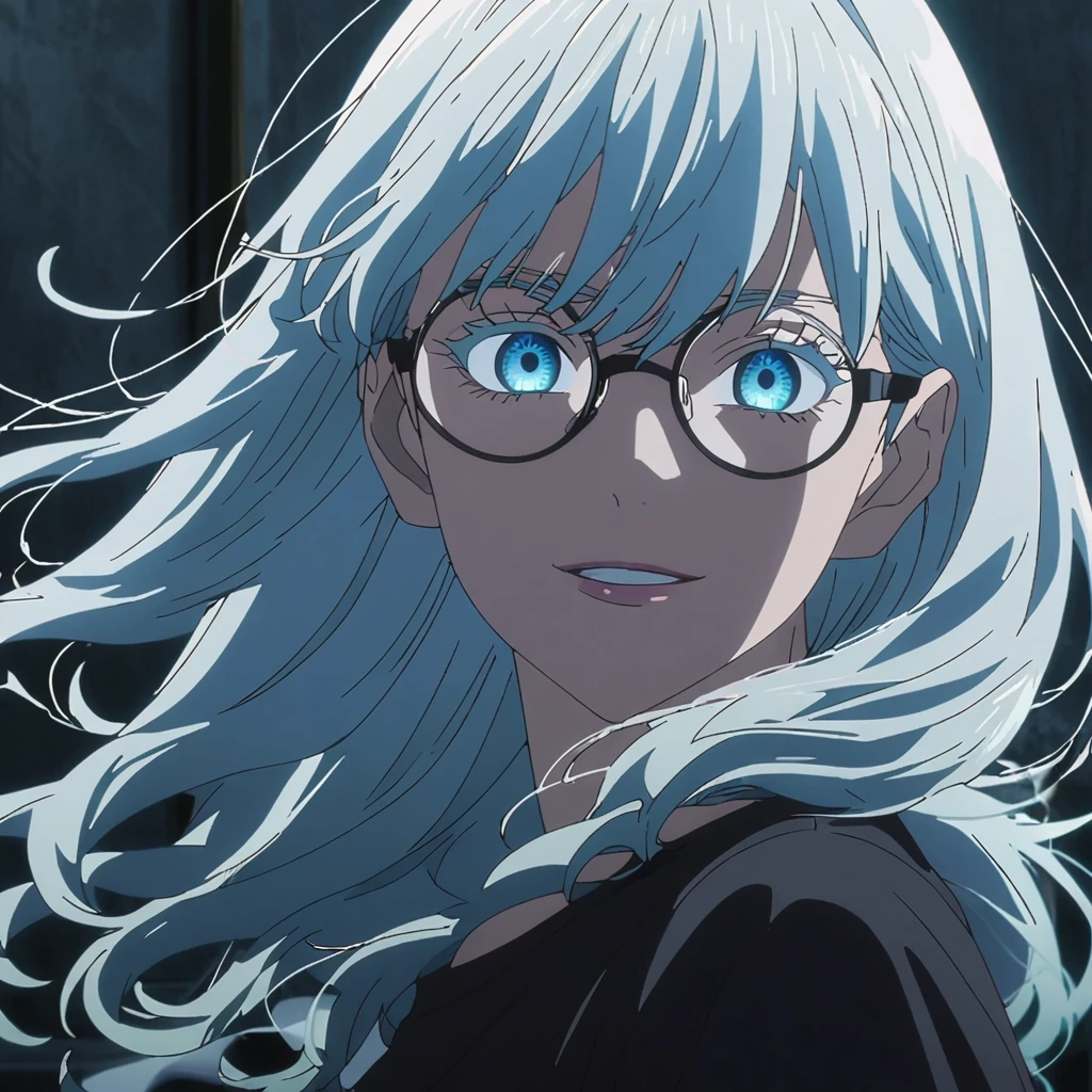 1girl, female gojo satoru, anime screencap from jujutsu kaisen, gojo satoru female version, solo, long_hair, round_eyewear, glasses, blue_eyes, white eyelashes, parted_lips, smiling, looking_at_viewer, perfect background, indoors, side view, white_hair, bangs, eyelashes, face portrait, black_shirt, shirt, hair_between_eyes, floating hair, (curly hair) ((moonlight on the character)) [[blue colour tone in the image]]