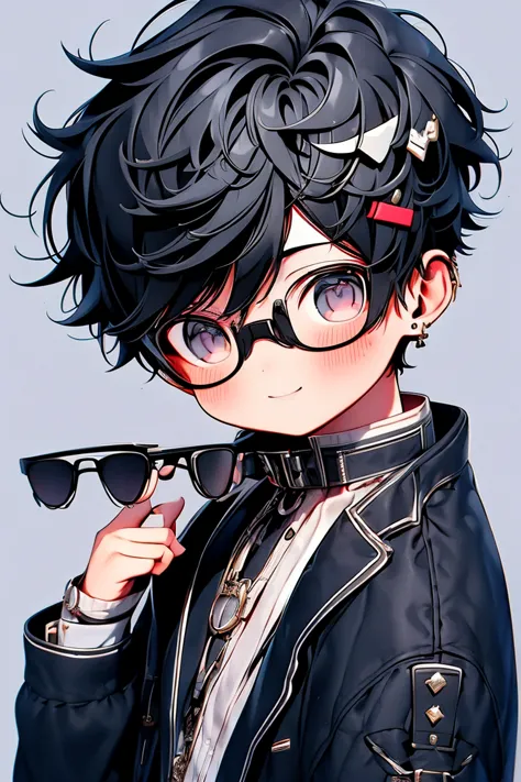 boy trading stock charts in the office, one boy,  smile , black hair, black-rimmed glasses, stylish mysterious clothes ,dishevel...